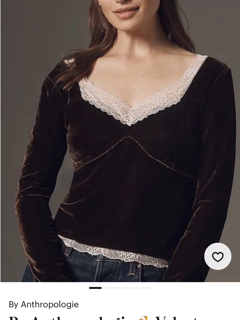 Anthropologie Dark Brown Velvet Long-Sleeve Top with Cream Lace Trim